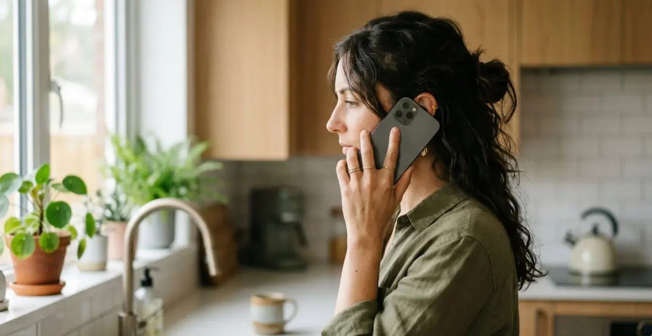 Une main tenant un téléphone portable contre l'oreille, en arrière-plan flou une cuisine avec un appareil électroménager