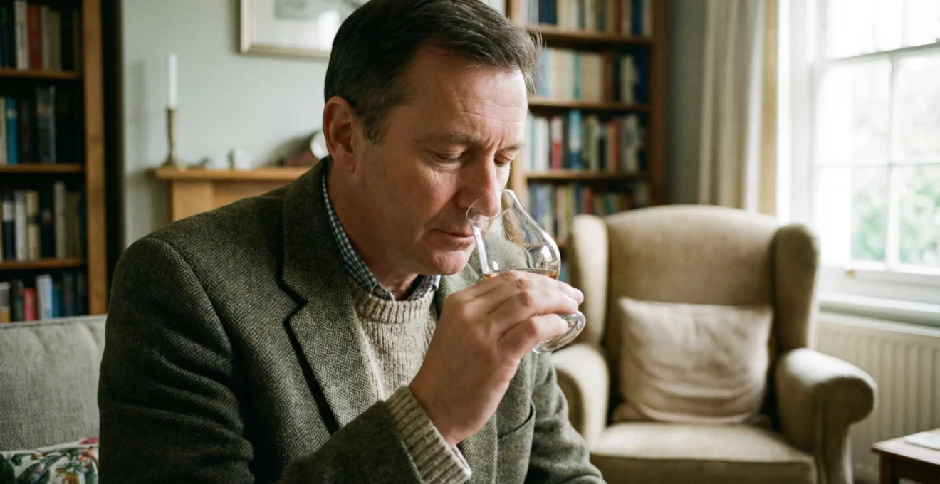 Amateur dégustant un Calvados au nez avec verre tulipe