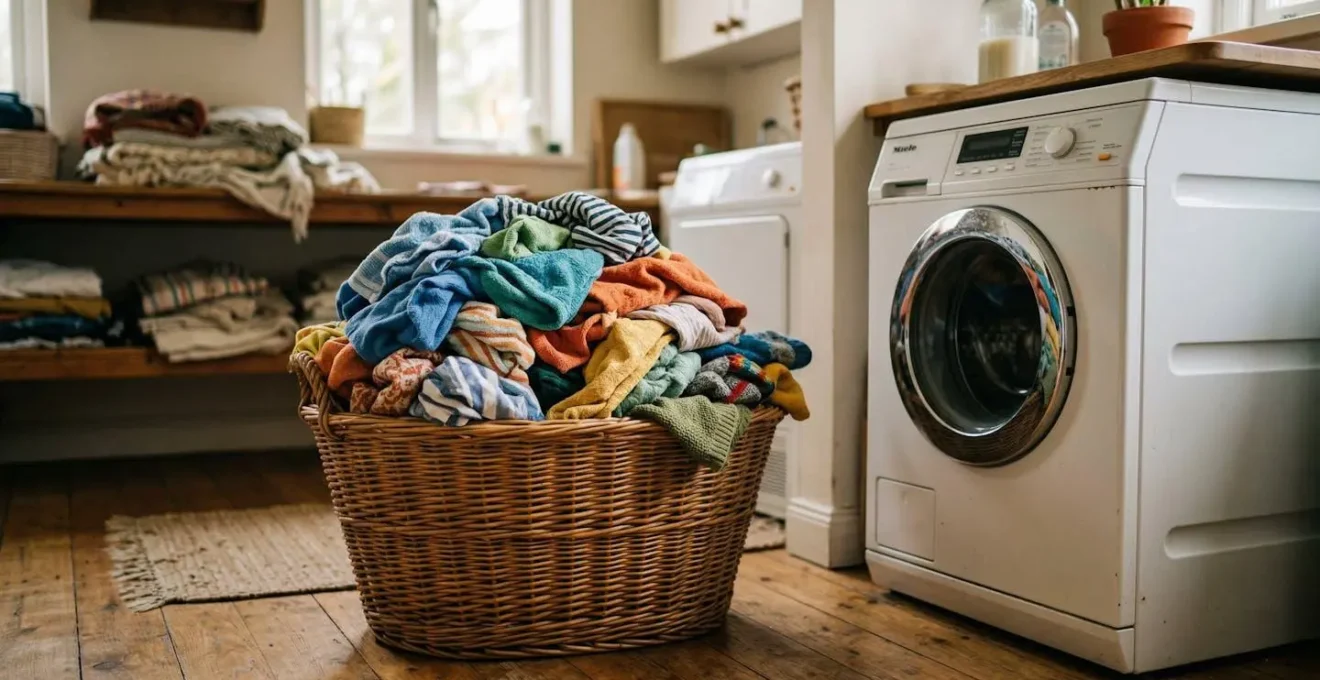 Un panier en osier débordant de linge posé devant un lave-linge fermé dans une buanderie aux tons clairs