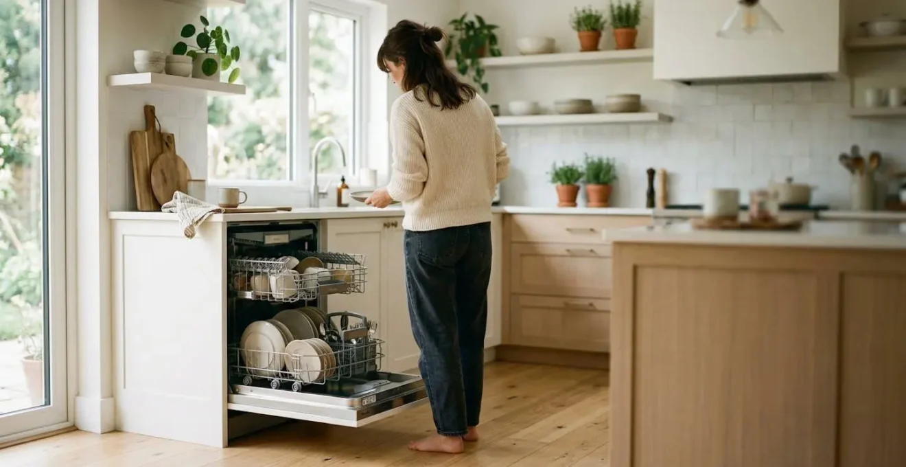 Une femme de dos dans une cuisine lumineuse, pensive devant son lave-vaisselle ouvert, la main posée sur la porte