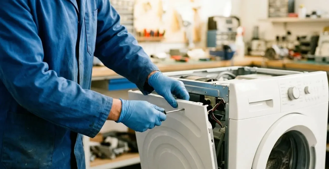 Mains d'un technicien en blouse ouvrant le panneau d'un lave-linge dans un atelier lumineux et propre