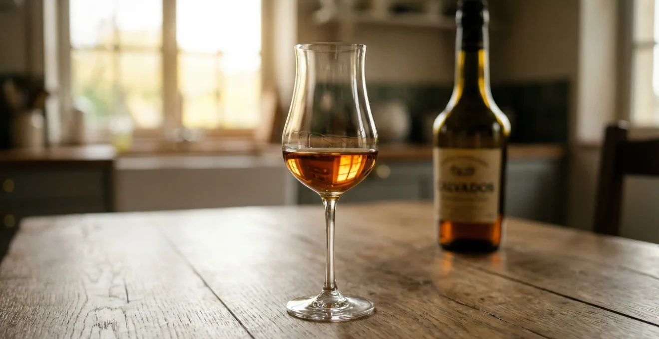Verre tulipe contenant un Calvados ambré posé sur table rustique