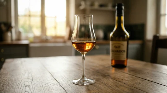 Verre tulipe contenant un Calvados ambré posé sur table rustique