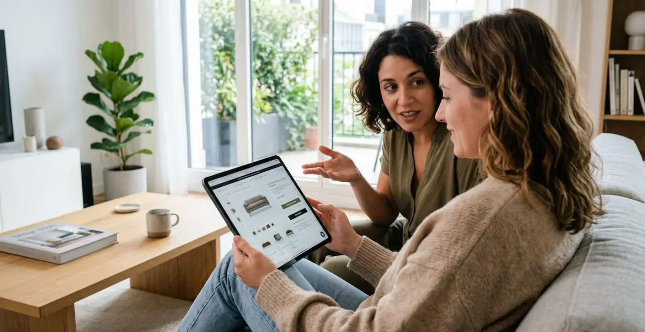 Un couple vu de trois-quarts consulte ensemble une tablette dans un salon lumineux aux tons clairs