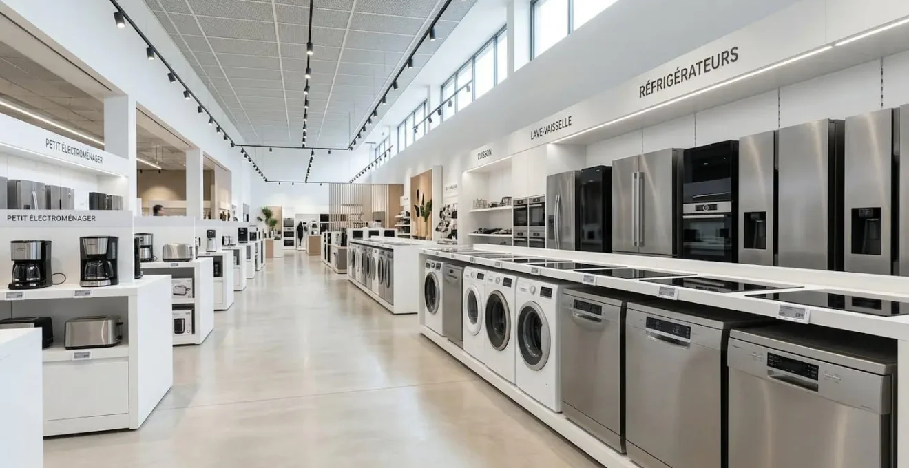 Vue en perspective d'une allée spacieuse de magasin d'électroménager avec appareils neufs exposés sur des présentoirs blancs sous éclairage LED