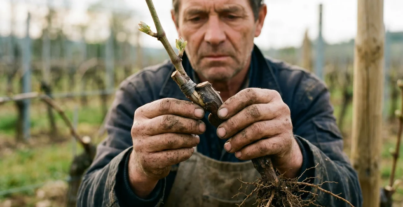 Mains de vigneron tenant un jeune plant de vigne greffé montrant la jonction entre porte-greffe américain et greffon européen avec terre et racines