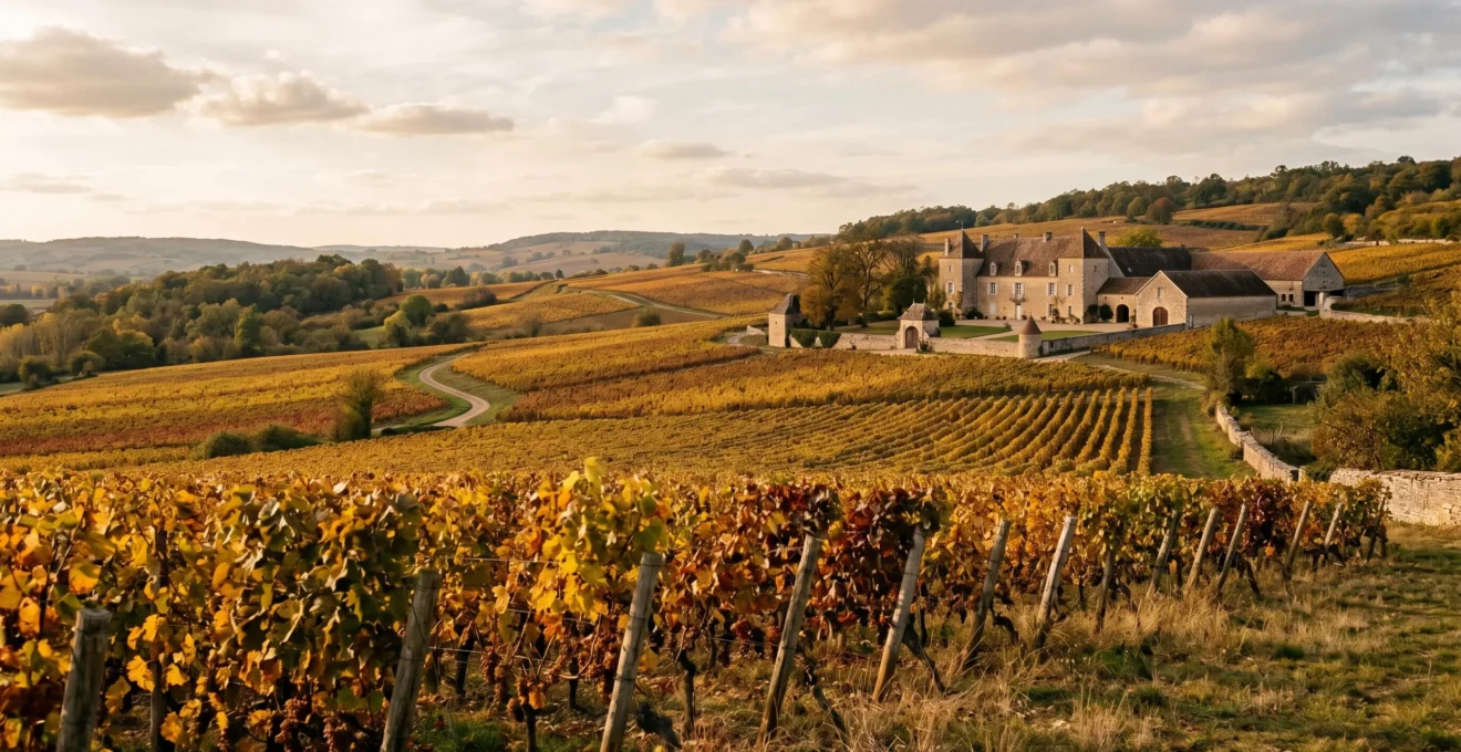Panorama d'un vignoble français en automne avec rangées de vignes aux feuillages dorés sur coteaux vallonnés et cave en pierre en arrière-plan sous lumière dorée
