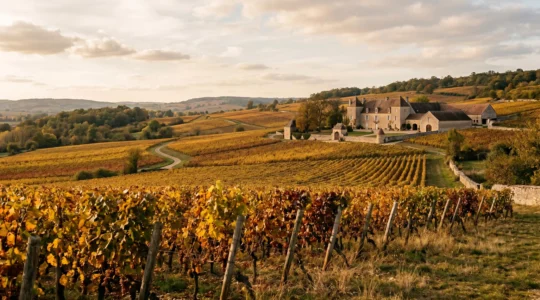 Panorama d'un vignoble français en automne avec rangées de vignes aux feuillages dorés sur coteaux vallonnés et cave en pierre en arrière-plan sous lumière dorée