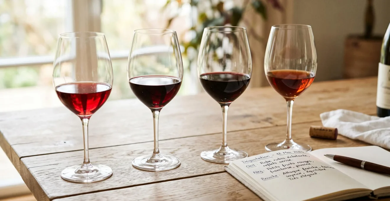 Trois verres de dégustation contenant du vin rouge aux nuances variées disposés sur table en bois clair avec cahier de notes de dégustation sous lumière naturelle