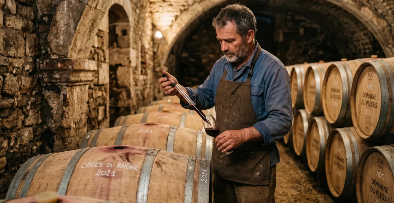 Vigneron en tablier contrôlant du vin soutiré d'un fût de chêne dans une cave voûtée en pierre avec rangées de barriques en arrière-plan sous lumière chaude